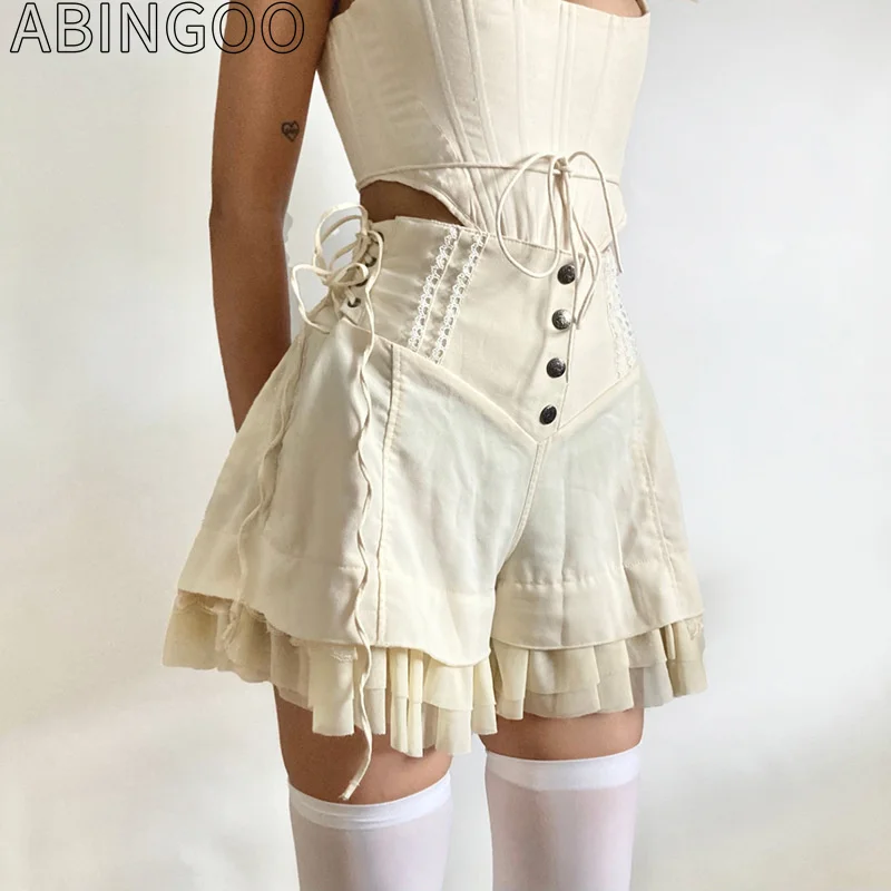 

ABINGOO Vintage Sweet Bandage Ruffles Shorts Slim Solid High-Waisted Patchwork Shorts Women Summer Fashion Y2K Streetwear Lady