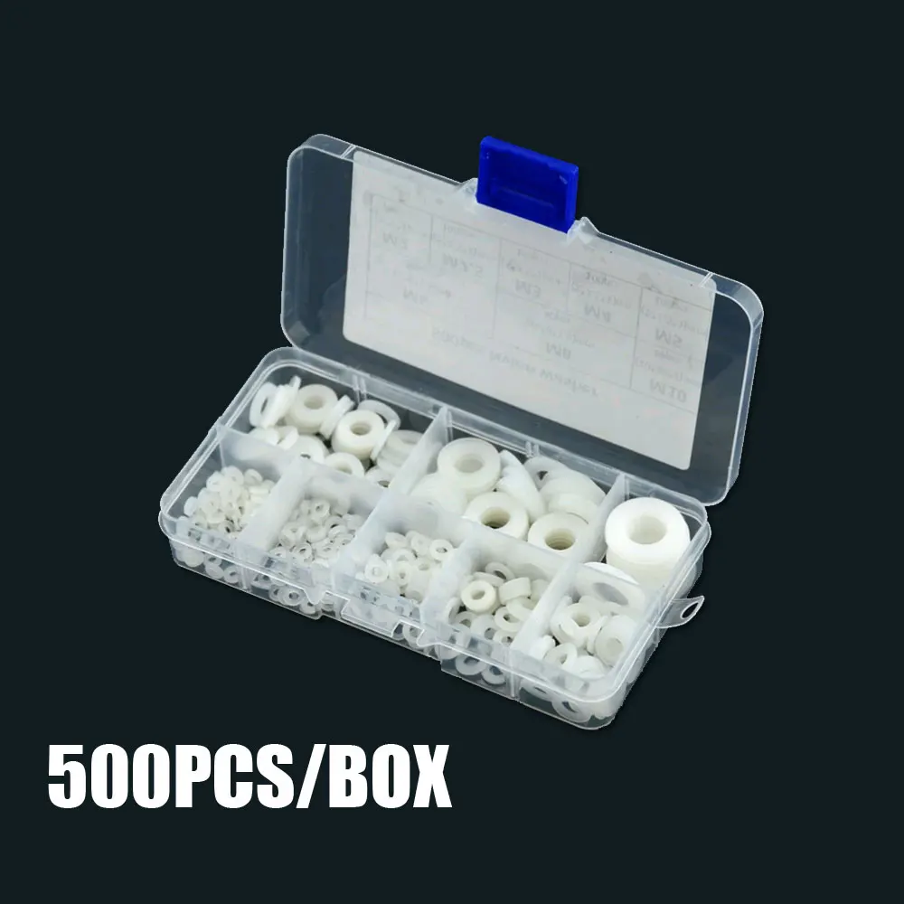 

500pcs Assortment Kit Fastener Universal White Nylon Flat Washer Gasket Set M2 M2.5 M3 M4 M5 M6 M8 M10 Plastic Sealing O-rings