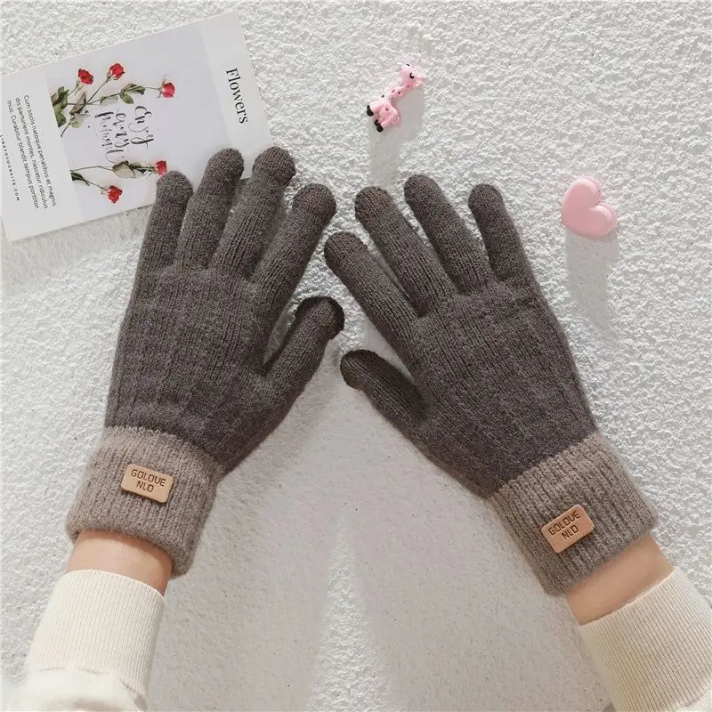 Gloves for Women In Winter Warm Imitation Cashmere Touch Screen Cute Student with Thick Velvet Knitted Five Finger Gloves - 3