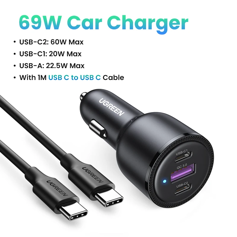 UGREEN 69W Chargeur Voiture USB C Rapide PD QC 3.0 Chargeur Allume