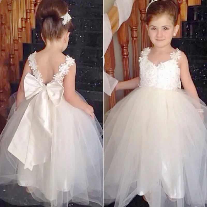 

Flower Girl Dresses White Tulle Appliques Top With Big Bow Sleeveless For Wedding Birthday Party First Communion Gowns