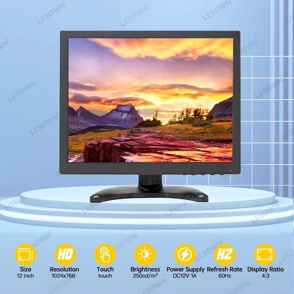 LESOWN 4:3 LCD 모니터, 1024x768 HD IPS 터치 VGA HDMI AV BNC USB 인터페이스 소형 디스플레이, 주차 PC 가정 보안용, 12 인치