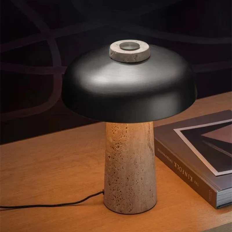 현대적인 버섯 모양 LED 테이블 램프 천연석 블랙 메탈 USB 충전식 침실 거실용 3000K 분위기 조명
