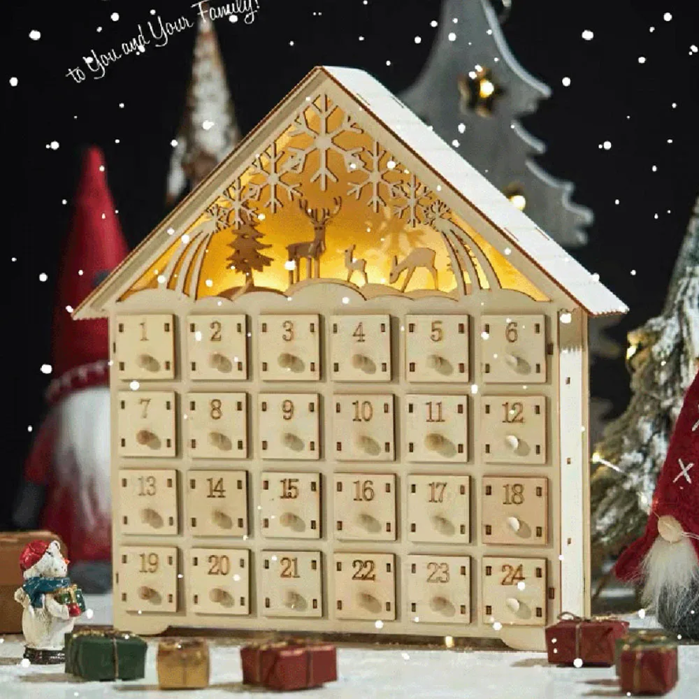 Christmas 24 Day Countdown Calendar With Light Wooden Drawer Home Decor Ornament For Kids Light Up Gifts Candy Drawer Organizer