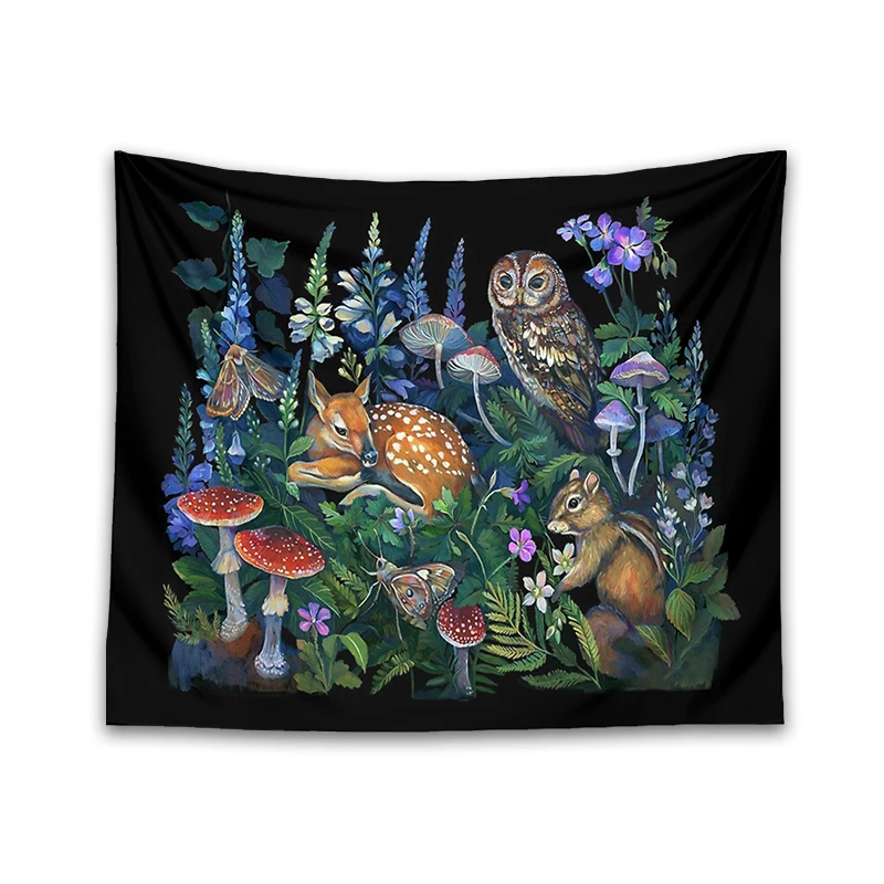 Enchanted Forest Tapestry Wall Hanging Botanical Celestial Mushroom Wild Flower Magic Wall Carpets Dorm Decor Starry Sky Carpet