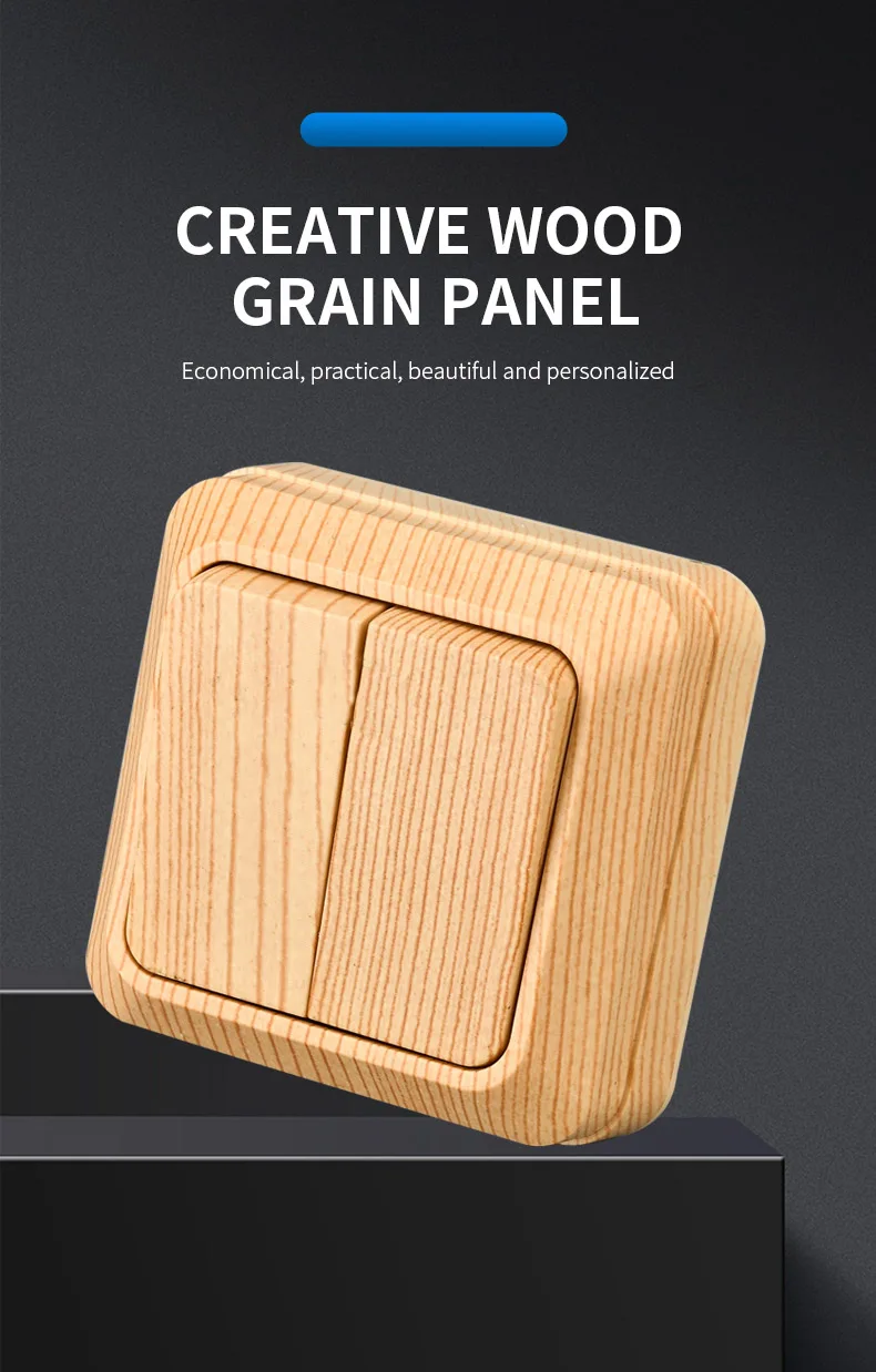 Description Picture 2 of itemWESA Wood Wall Mount Switch Classic Flame Retardant Plastic Panel 2 Gang 1 Way Vintage Imitation Wooden Color Wall Switch 16A AC