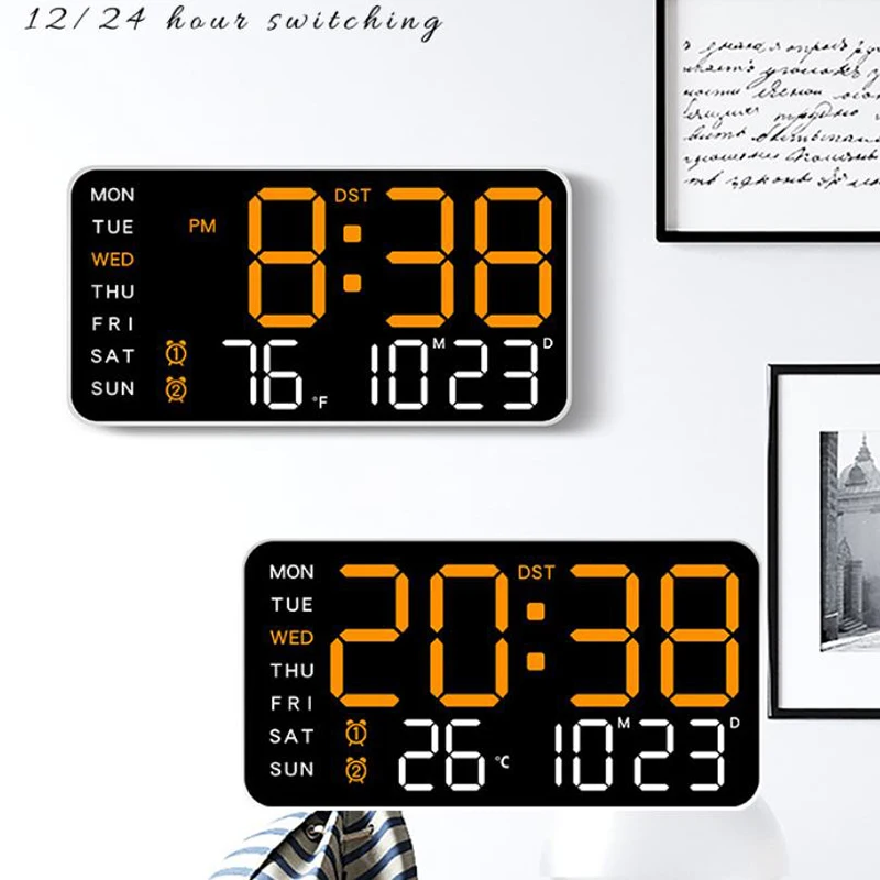 Large Digital Wall Clock Week Date Temperature Display Voice Control Table LED Alarm Clocks Brightness Adjustable 12/24H Clock