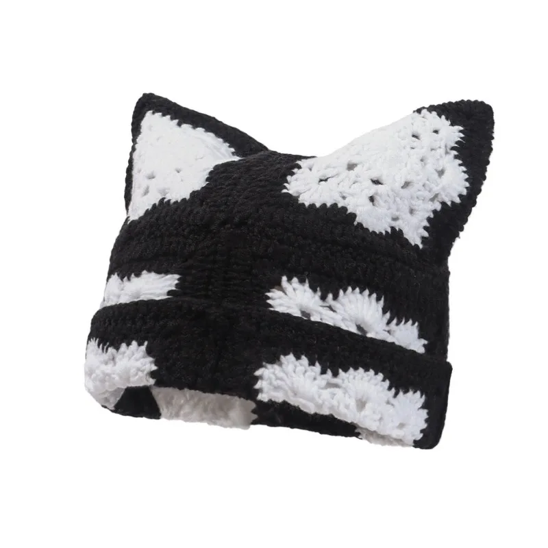 Japanese Autumn and Winter Cute Cat Ears Pullover Hat Hand-crocheted Grandmother Grid Hollow Trend Skull Beanie Cap for Women's 4