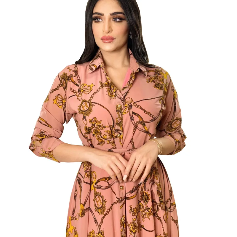 Muslim Dress Women Maxi Middle Eastern Print Lace-up Dress