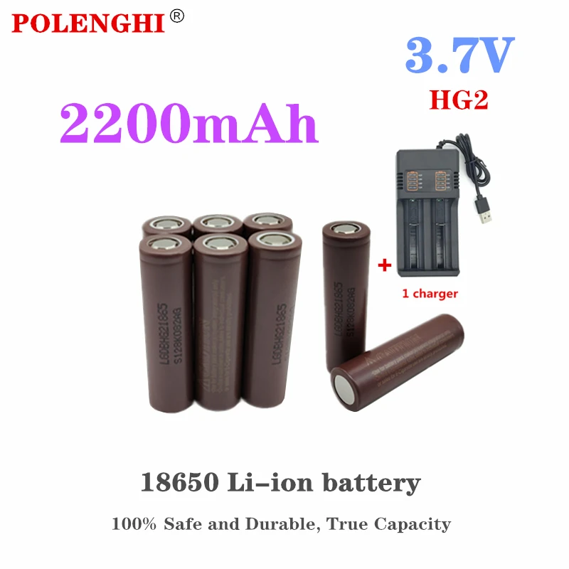 Bateria de Lítio Recarregável Polenghi com Carregador 100 Seguro e Durável Capacidade Verdadeira 18650 Hg2 2200mah 3.7v