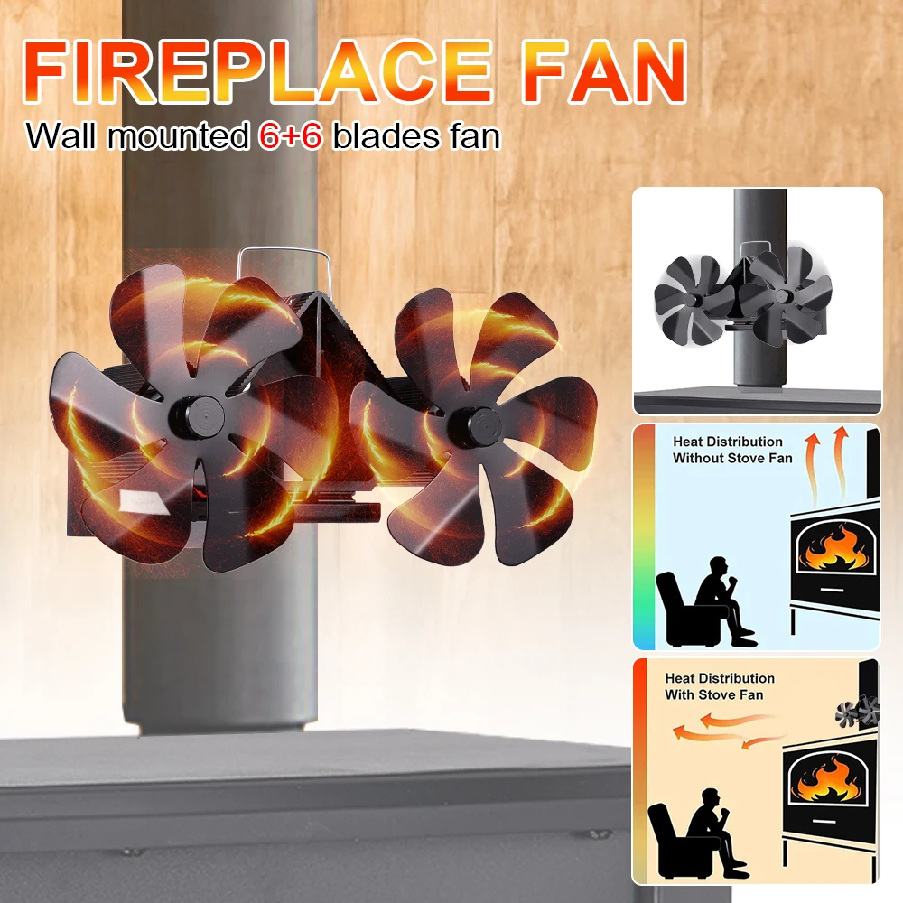 

Mini 6 Blade Fireplace Fan Double Head Wall-Mounted Heat Powered Eco Stove Fan High-efficiency Heat Silent Home Warm Fan