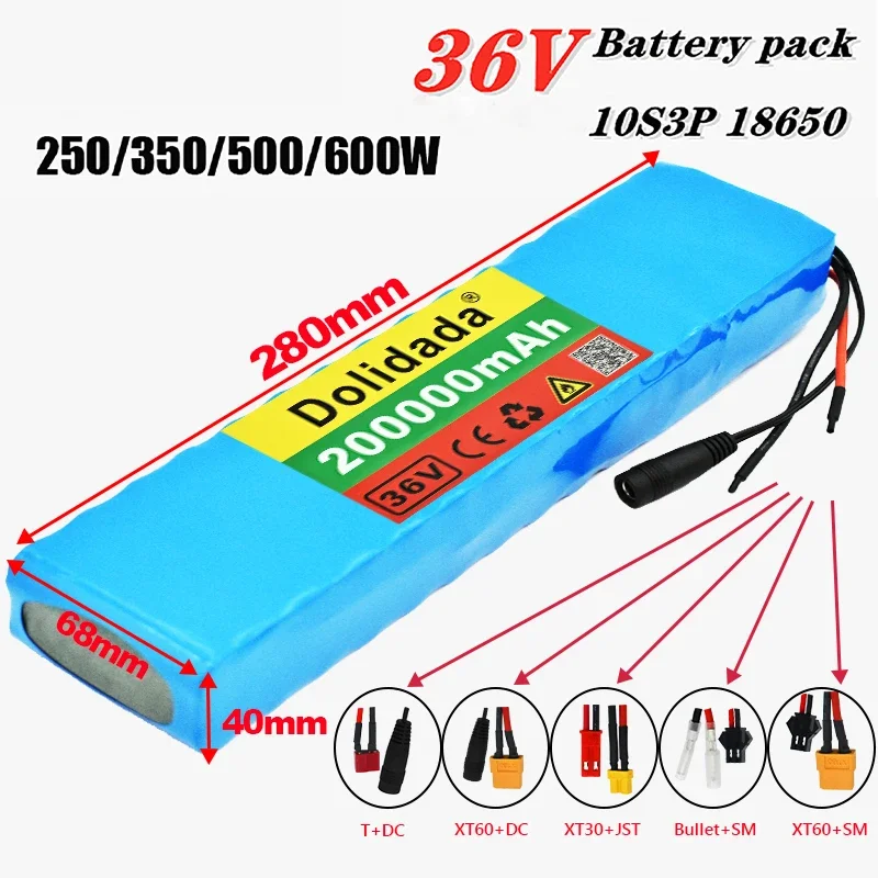 

36V 200Ah 18650 Rechargeable Lithium Battery Pack 10S3P 600W Power Modified Bicycle Scooter Electric Vehicle with BMS