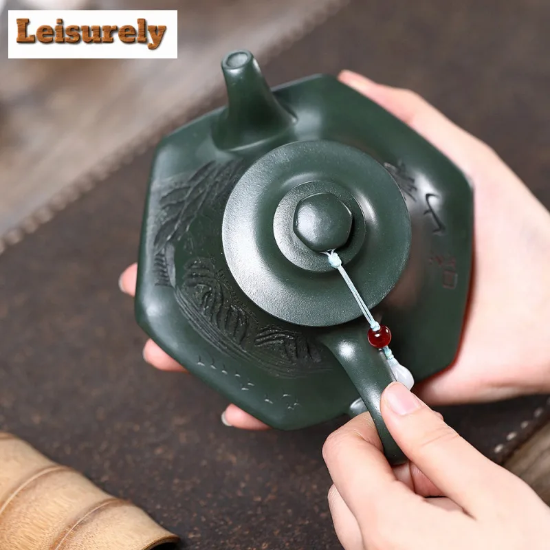 260ml Yixing Purple Clay Teapot Handmade Three-legged Cloud Furnace Pot Raw Ore Blackish Green Mud Kettle With Infuser Zisha Tea