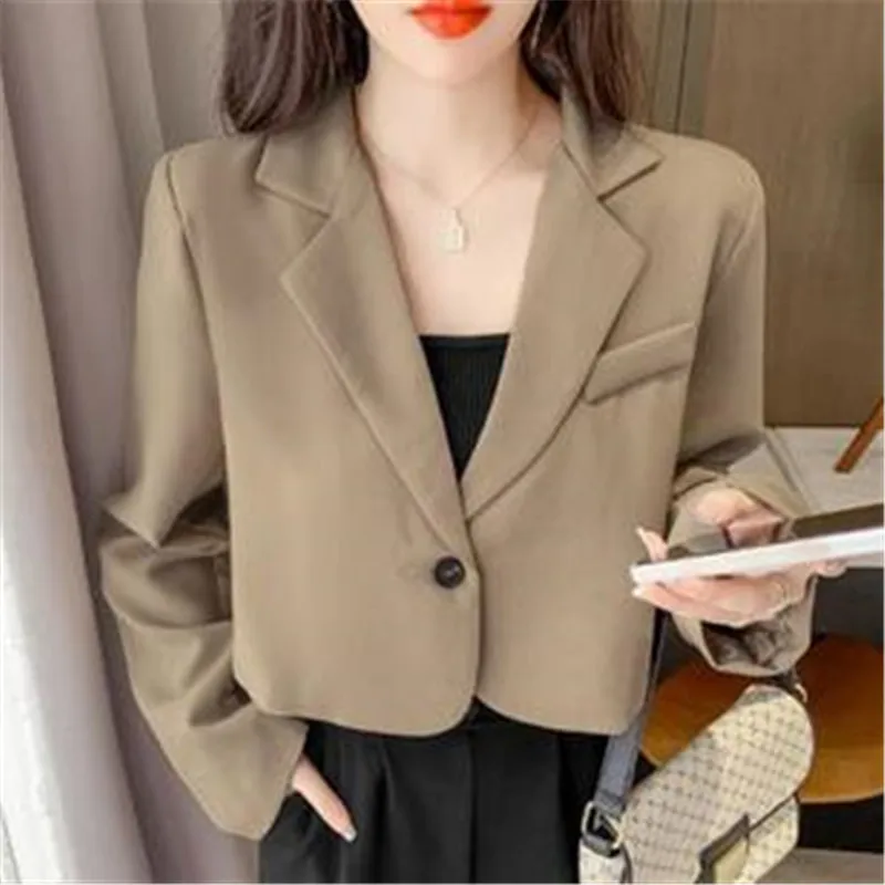 

Korean Cropped Blazers Women Solid Color Simple Single-button Outwear Teens All-match Long Sleeve Office Suit Jacket