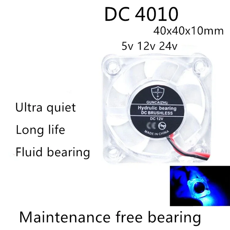 DC 4010 40x40x10MM Transparent LED Light Emitting Hydraulic 5V 12V 24V  5000RPM 0.05A Mobile Phone Radiator Cooling Fan 2PIN hzdadeve kobra max 4010 cooling fan 24v 40x40x10mm dc for 3d printer anycubi vyper extruder hot end parts