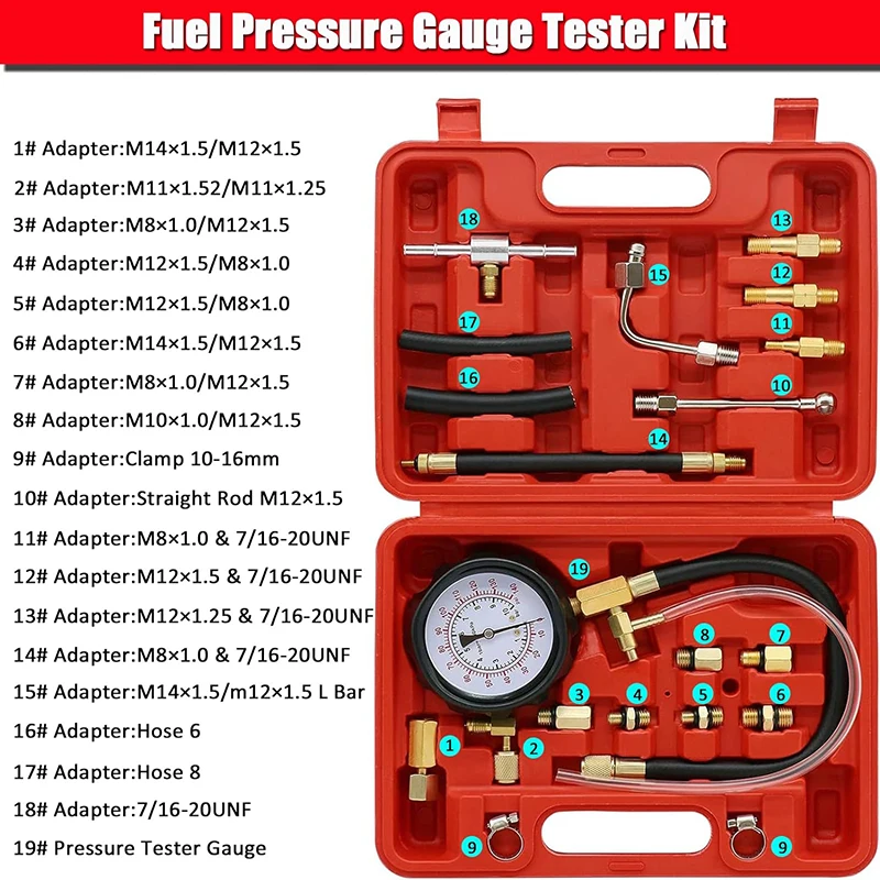 TU-114 Fuel Injector Pressure Gauge Tester Kit Diesel Engine Compression 0-140 PSI Gas Oil Pressure Tools for Car Motorcycle 6