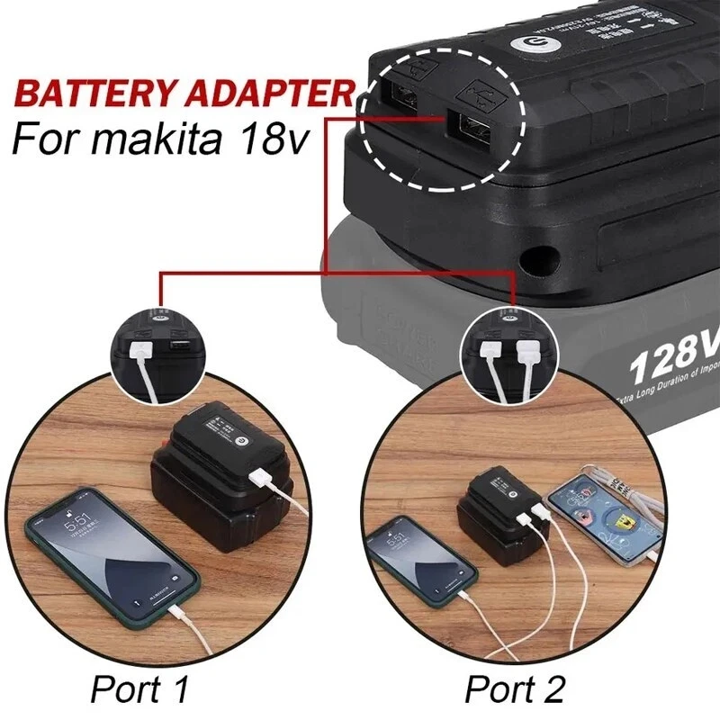 마키타 18V용 리튬이온 배터리 케이스 어댑터 듀얼 USB 포트 파워뱅크 휴대폰 충전기 LED 작업등 변환기 램프 플래시라이트