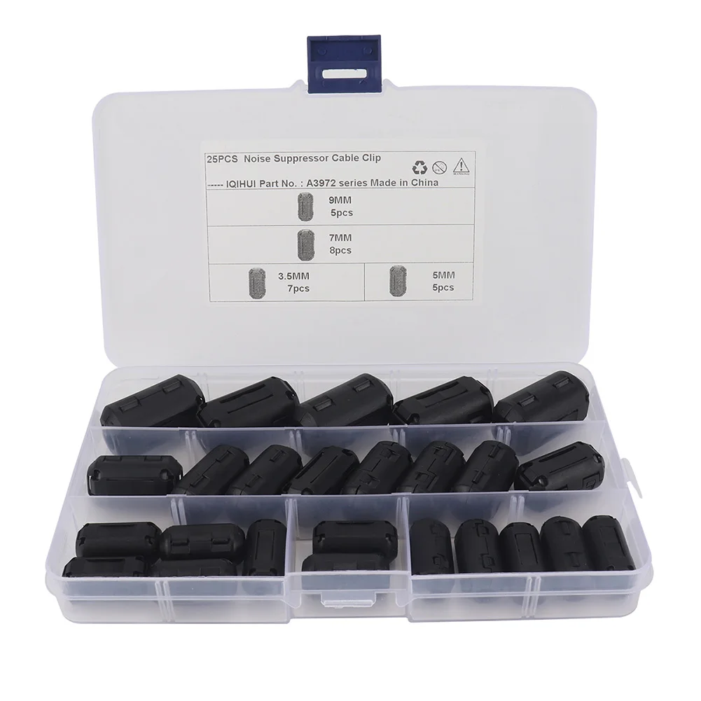 Cable Noise Suppressor 25Pcs Ferrite Core Ring Clamp Kit Noise Filters Suppressor 3.5mm/5mm/7mm/9mm Bead Noise Suppressor RFI EMI Magnetic Filter