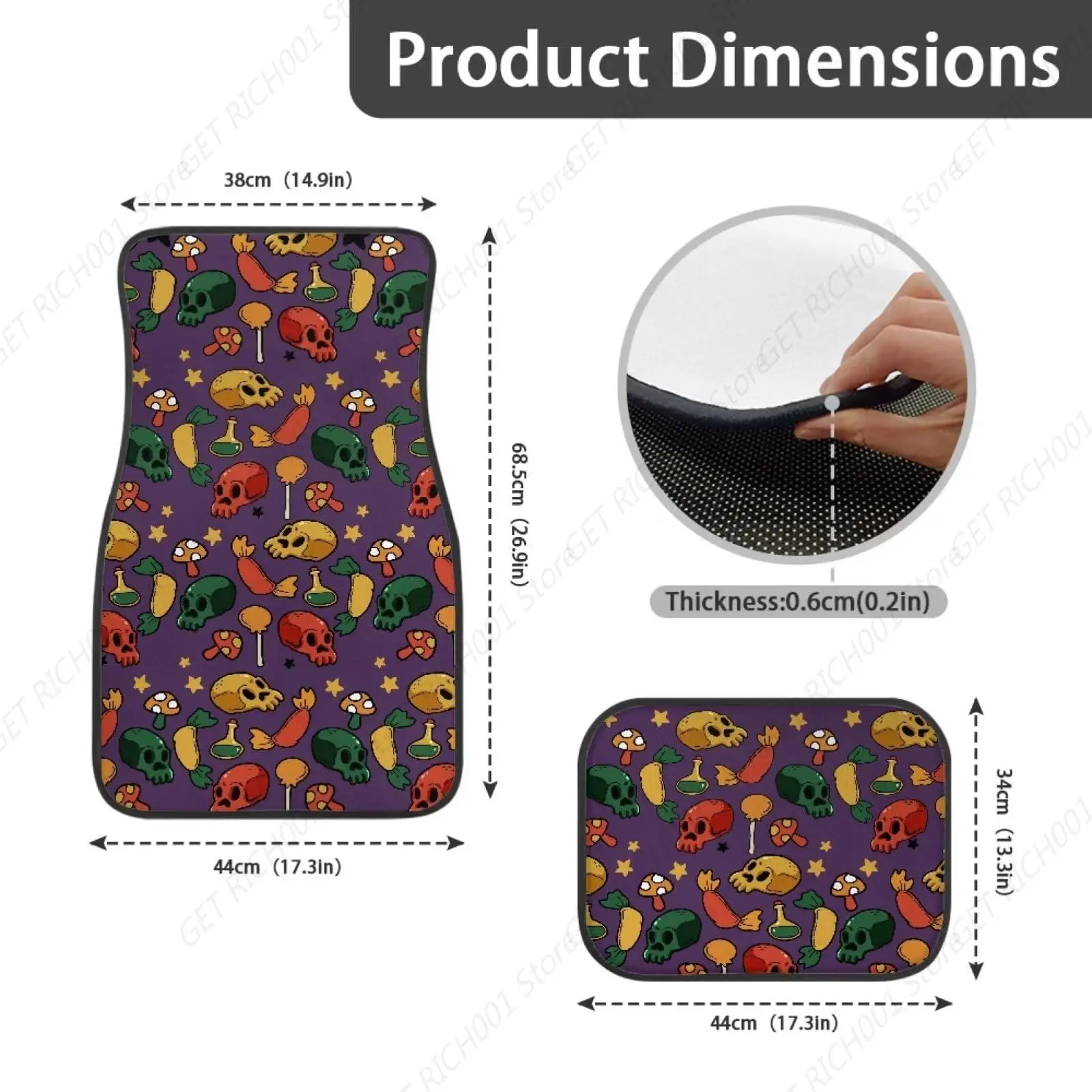 Halloween Skulls Mushroom Car Floor Mats Meat Star Magic Potion Car Front Rear Floor Foot Mats Anti-Slip Mat 4pc