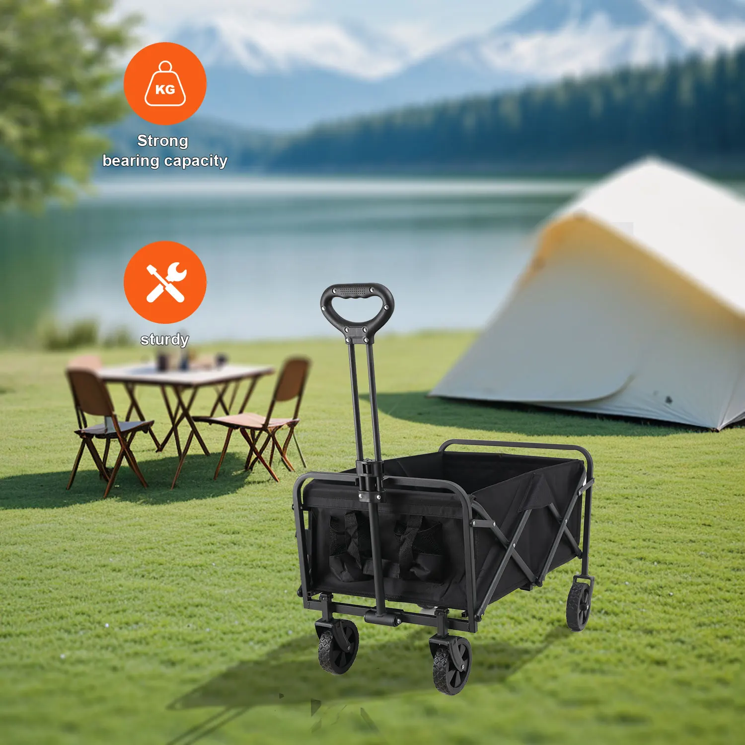 Zusammenklappbarer, zusammenklappbarer Mehrzweck-Strandwagen, robuster, zusammenklappbarer Wagen mit großer Kapazität, Outdoor-Trolley, tragbarer Campingwagen-Tisch – Detail 12