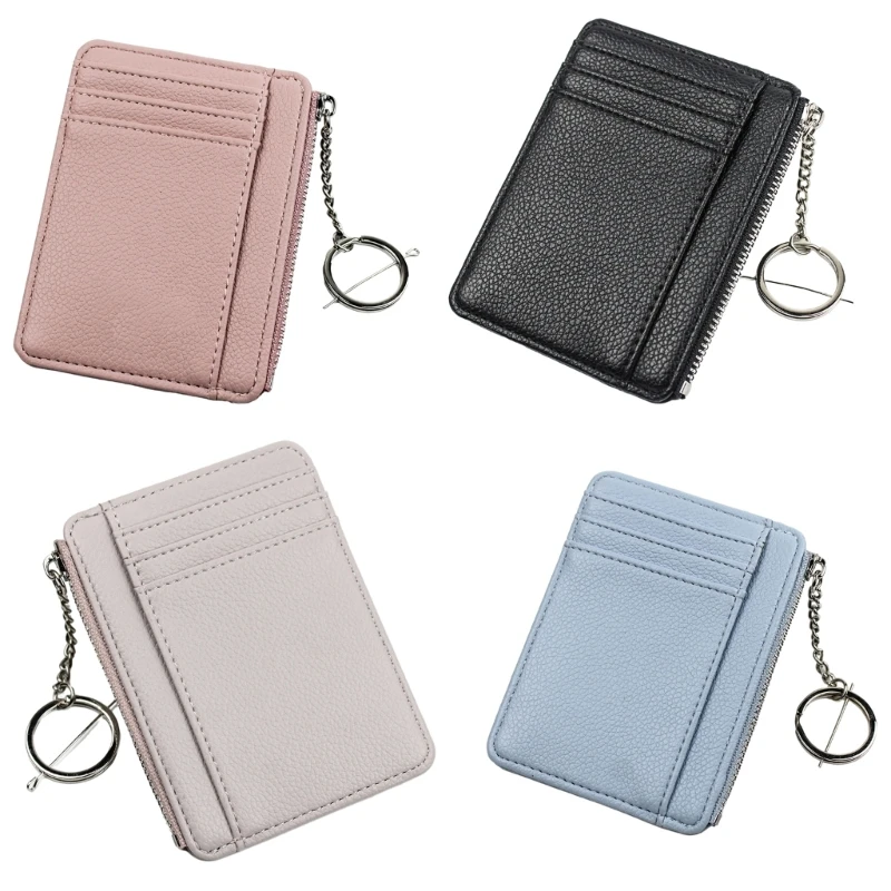 

Trendy Credit Card Holder Slim Wallet Zipper Cash Pocket Mini Coin Purse with Keyring Women Men Solid Multiple Card Slots Pouch