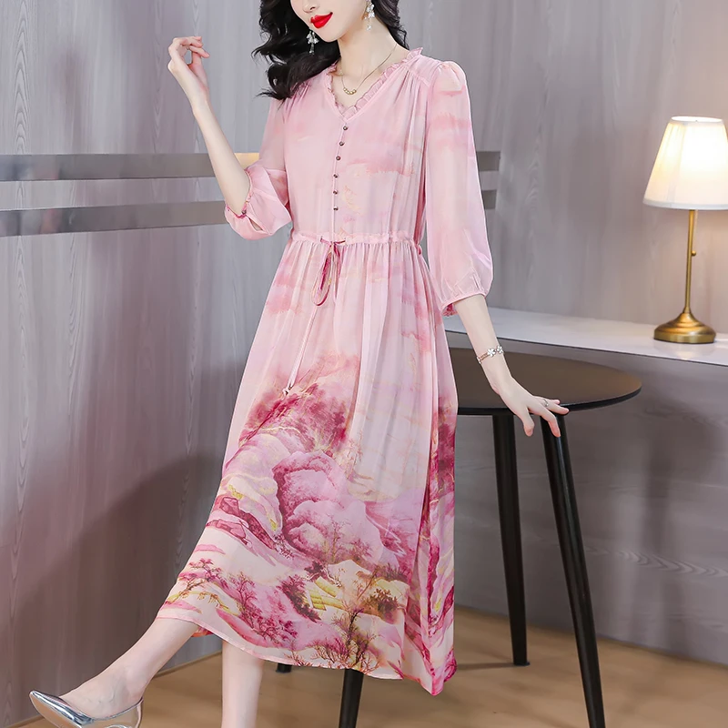 

Женское шелковое платье с цветочным принтом, свободное приталенное пляжное платье розового цвета с коротким рукавом, V-образным вырезом и большим поясом, лето 2023