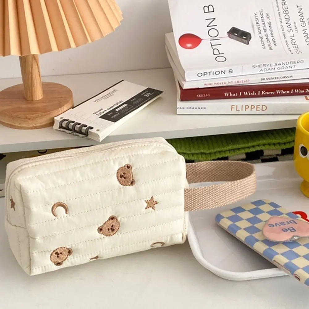 Cute Toiletry Case Embroidery Cosmetic Bag Zipper Cotton Bear Make Up Bag Wrist Organizer Makeup Pouch Women 2