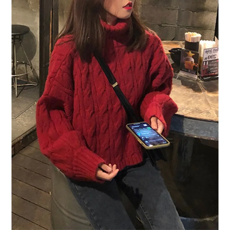 

Women's new sweater Fried Dough Twists pattern bottoming shirt lantern sleeve loose lazy style students wear