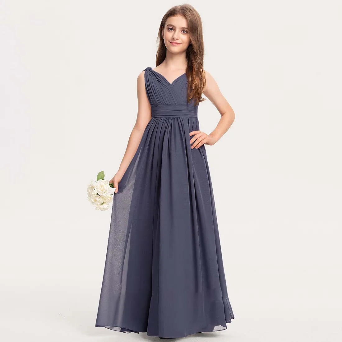 V-neck Pleated Chiffon Long Junior Bridesmaid Dresses Mist