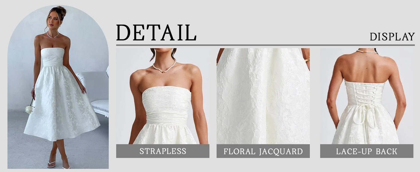 Ballkleider aus Jacquard-Satin in Teelänge mit Blumenmuster für Damen, A-Linie, trägerlos, Midi-Korsett, formelles Kleid