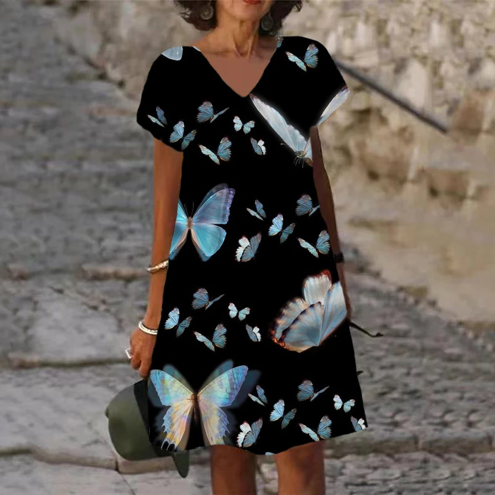 

Butterfly 3D Printed Mini Dress for Women's Clothing Summer Autumn 2022 New Fashion V-Neck Loose Casual Dresses Female