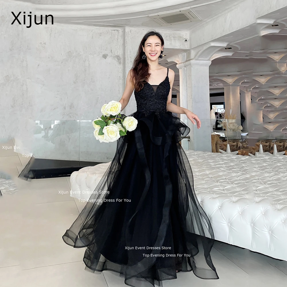 

Длинные свадебные платья Xijun, черные кружевные платья на бретелях-спагетти с цветочной аппликацией, свадебные платья с V-образным вырезом для корейских свадебных торжеств, 2023