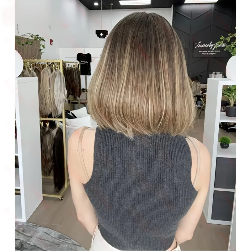 하이라이트 블론드 내추럴 16인치 글루리스 롱 웨이브 5x5 실크 베이스 유대인 인모 가발 베이비 헤어 HD 레이스 유럽산 헤어 프리플럭드