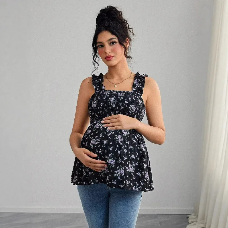 임산부 셔츠 임산부 의류 프린트 캐미솔 탑 스퀘어넥 임산부 탱크탑