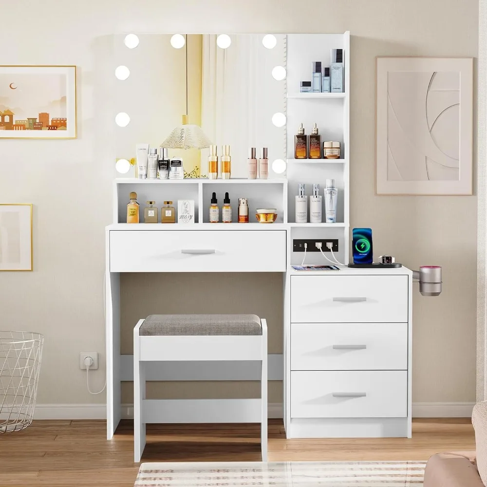 Large Vanity Table Set with Lighted Mirror & Charging Station, Makeup Vanity Dressing Table with 4 Storage Shelves and 4 Drawers