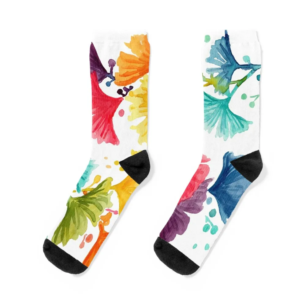 

rainbow watercolor ginkgo leaves Socks japanese fashion gift Socks Male Women's