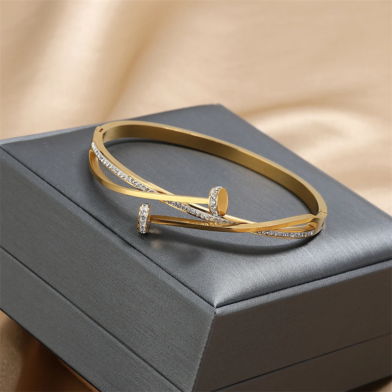 Double Crystal Nail Head Cross Stainless Steel Bracelet For Woman Silver Color Love Wedding Gift Bangle Jewelry