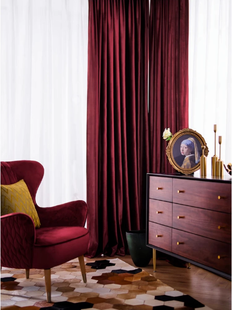 Moderní severská výpadek červený samet záclony pro žití pokoj ložnice luxusní bordó okno nestandartní rozměr tyl elegantní dekorace