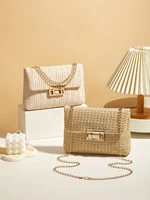 Woven Straw Handwoven Women’s Shoulder Bag, Fashion Solid Color Crossbody Purse with Lock Closure