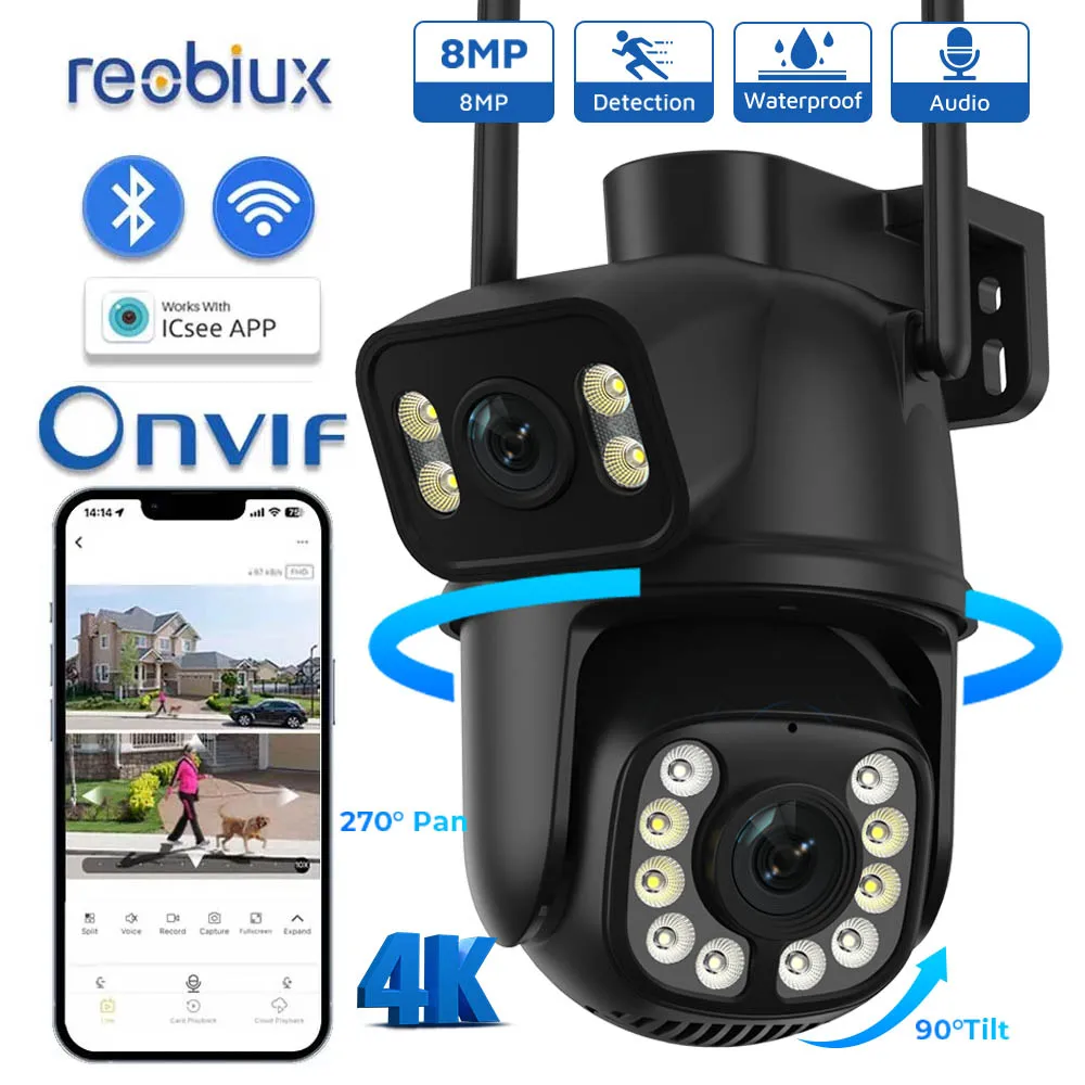 8MP 4K Wifi Street IP camera Dual Lens Dual Screens Outdoor Wireless Camera Ai Auto Tracking CCTV Security Video Surveillance