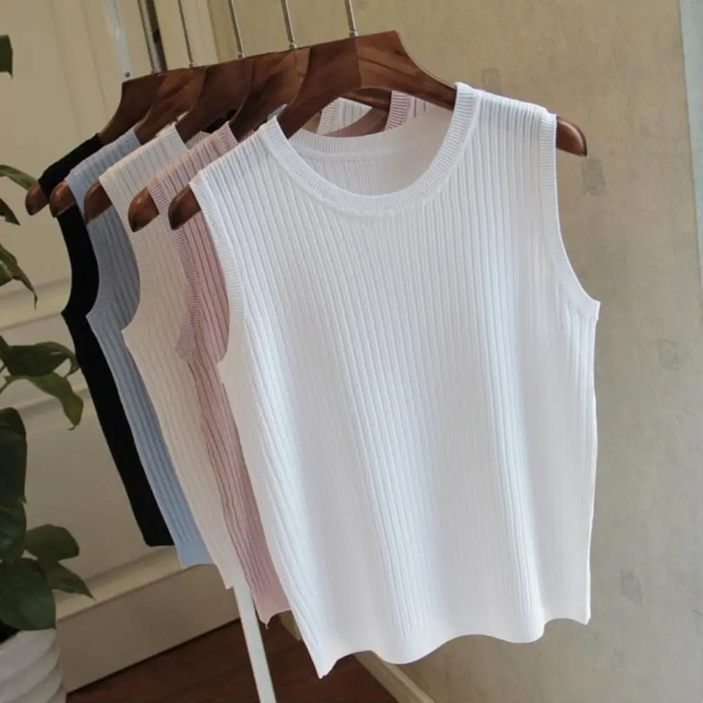 

Блузка с круглым вырезом, винтажный однотонный Воздухопроницаемый Приталенный топ, трикотажная рубашка без рукавов, лето