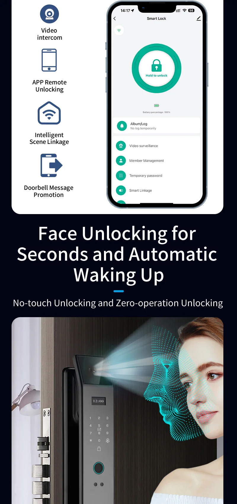 Tuya APP Smart Life APP Control Voice Intercom Smart Lock 3D Face Recognition Fingerprint Password Smart Door Lock With Camera