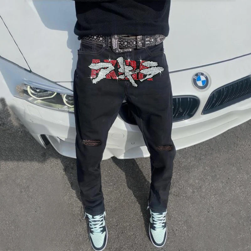 Mens Clothing Black Stretchy Ripped Y2k Jeans Skinny Trend Hot Drilling Punk Moto Bike Trousers Fashion Man Denim Pencil Pants
