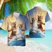 Funny Design Cat Surfing Graphic Shirts For Men Clothes Hip Hop Male Streetwear Cute Animal Cats Lapel Blouse Hawaiian Women Top 2