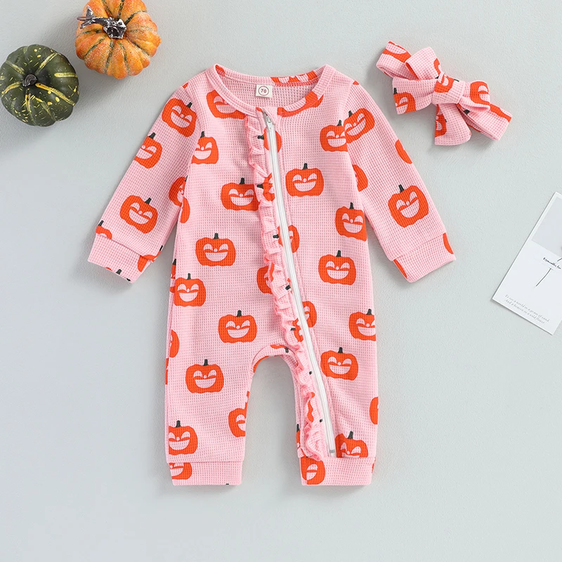 

2023-06-21 Lioraitiin 0-24M Baby Girls Halloween Romper Crew Neck Romper Pink Long Sleeve Pumpkin Print Jumpsuit with Headband