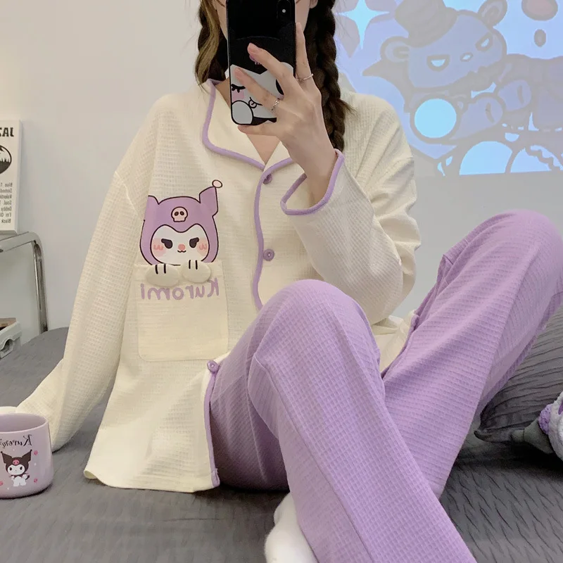 

Kawaii Sanrio Kuromi Pachacco женские пижамы весна-осень новый хлопковый милый кардиган вафельный повседневный костюм в японском Ins стиле