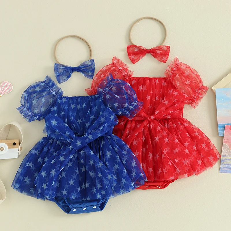 

Летний комбинезон для новорожденных девочек, сетчатый комбинезон с коротким рукавом и принтом звезд, Одежда для младенцев на День независимости и повязка на голову