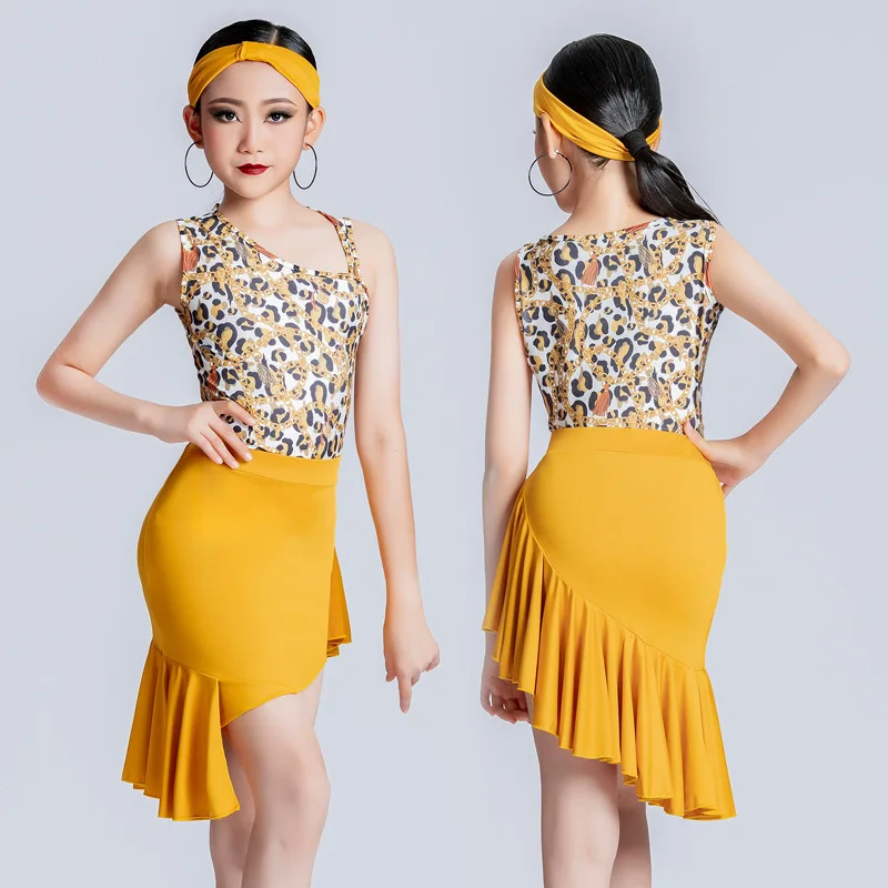 

2023 New Girls Latin Dance Costumes Children Ballroom Dancing Learning Dress Kids Summer Sleeveless Tops And Skirts 2-piece Set