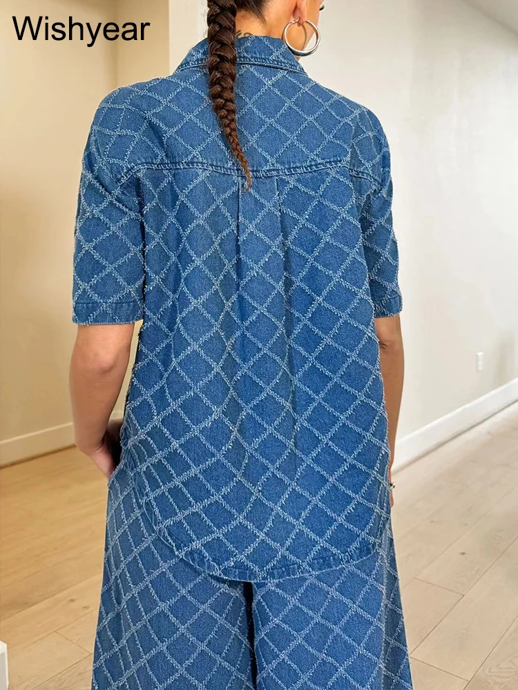 Vintage Blue Denim Plaid Print 2 Two Pieces Set Women Short Sleeve Jacket and Wide Leg Pants Flare Jeans Streetwear Club Outfits