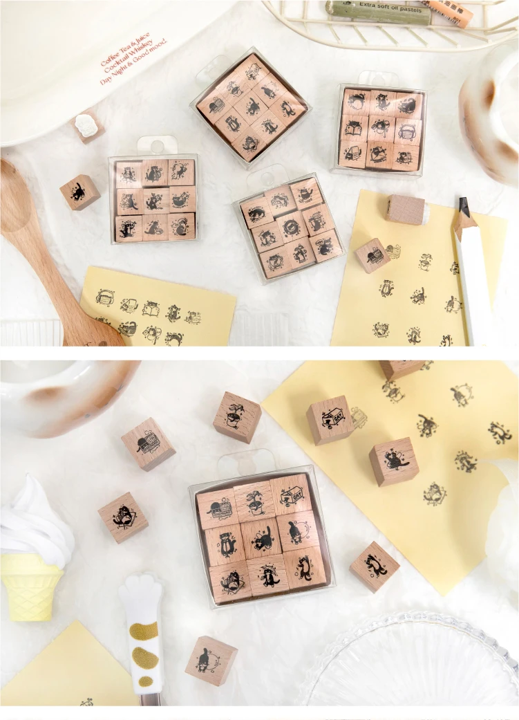 Journal GO 9-teiliges Set Niedliche Katzen-Holzstempel Einzelkatzen-Tagebuch Fotoalbum DIY Dekorationsmaterial Stempel Geschenkkarte Scrapbook Aufkleber – Detail 17